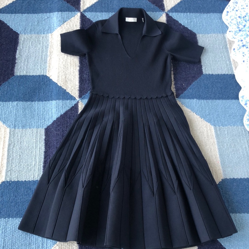 Sandro Navy Pleated Midi Dress